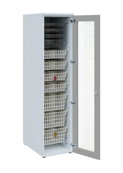 EUROMEDICA S - 46 skříň léková boxová, 1-dveřová/prosklená, pravá, 1950x460x735, korpus bílý, dvířka šedá